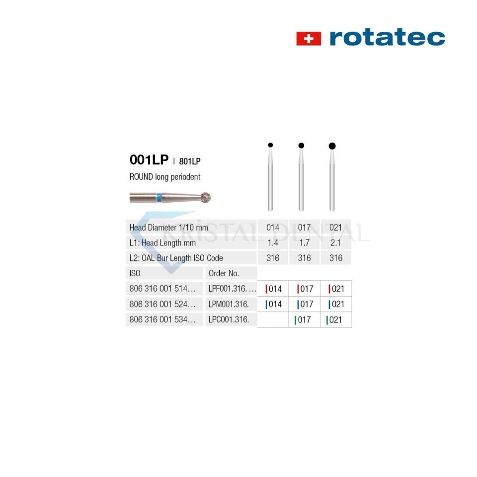 Rotatec Swiss Elmas Frez Rond - 001/801 İnce / Kırmızı - 017 mm - Extra Uzun