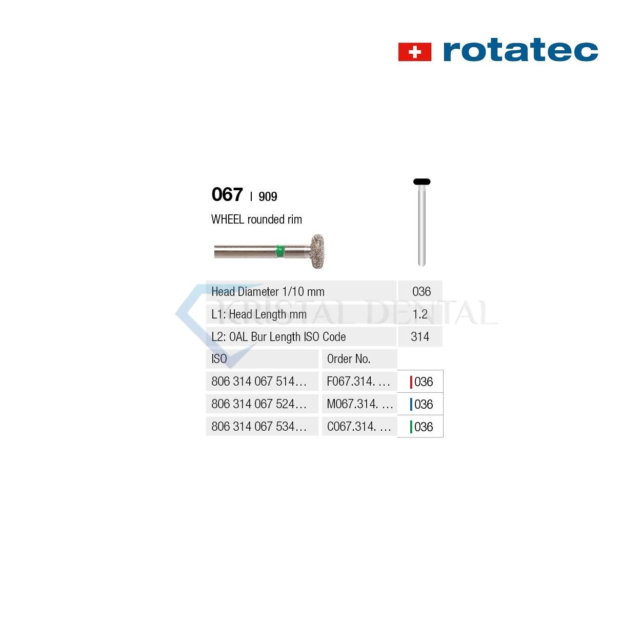 Rotatec Swiss Elmas Frez Wheel Rond - 067/909 Kalın / Yeşil - 036 mm - Standart