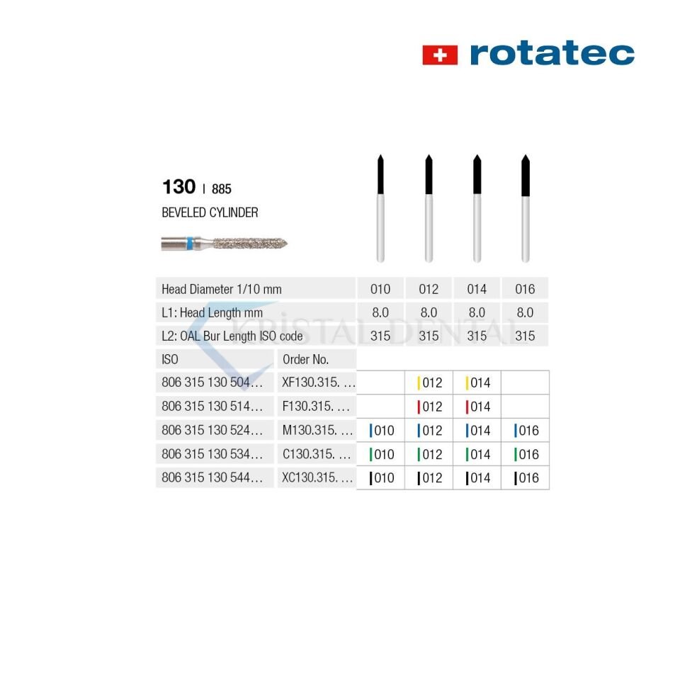 Rotatec Swiss Elmas Frez Eğimli Silindir - 130/885 Extra İnce / Sarı - 014 mm - Standart