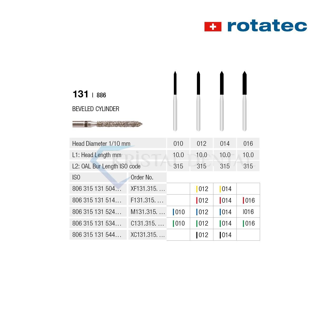 Rotatec Swiss Elmas Frez Eğimli Silindir - 131/886 Kalın / Yeşil - 012 mm - Standart