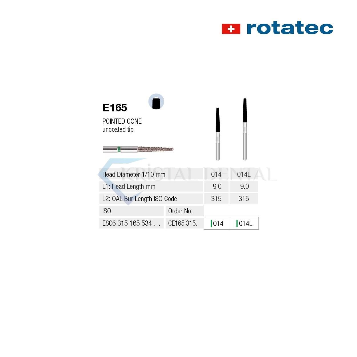 Rotatec Swiss Elmas Frez Sivri Konik - 165L/858L Kalın / Yeşil - 014 mm - Standart